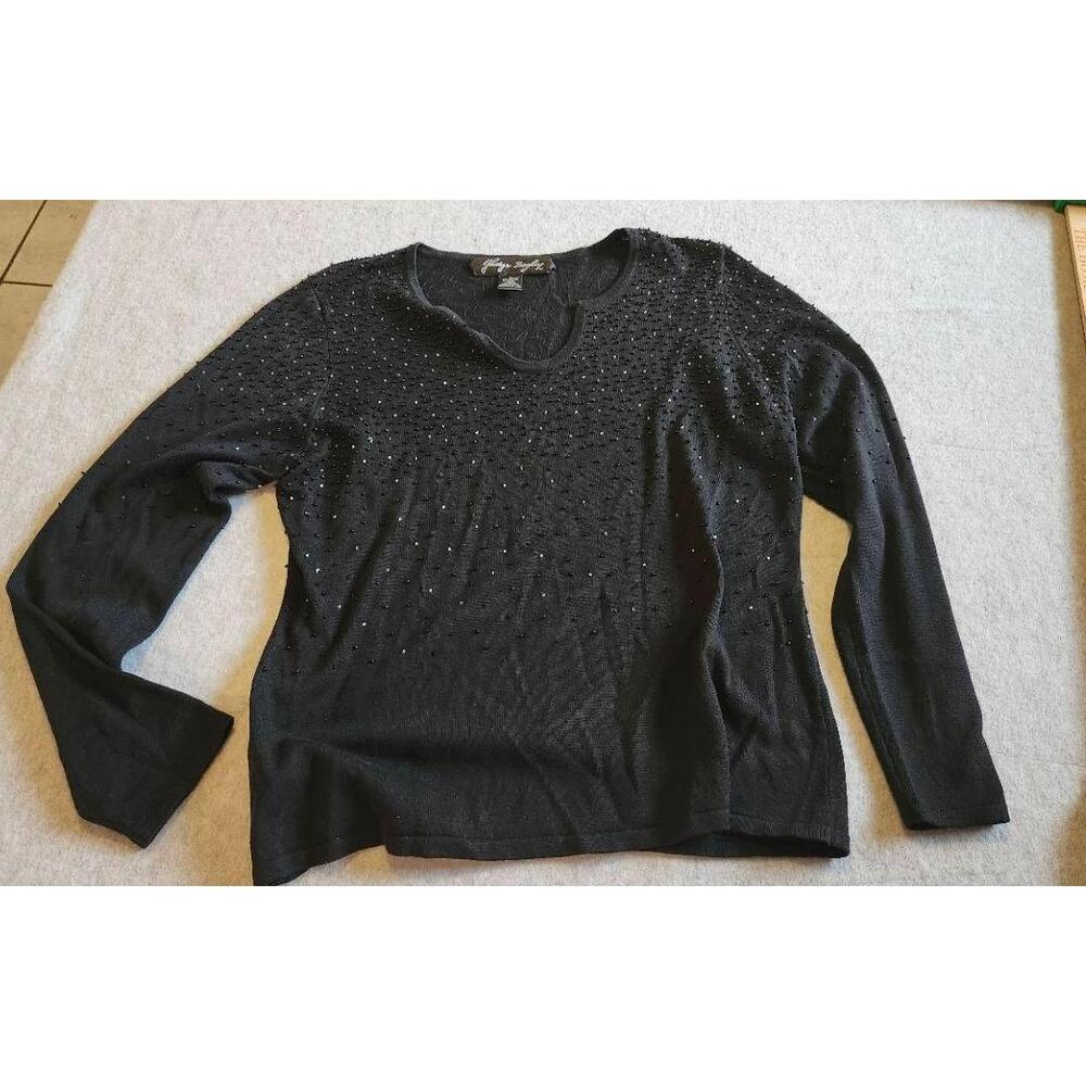 Gladys Bagley Knit Top Large Black Embellished Notched V-Neck Beaded Sparkle VTG